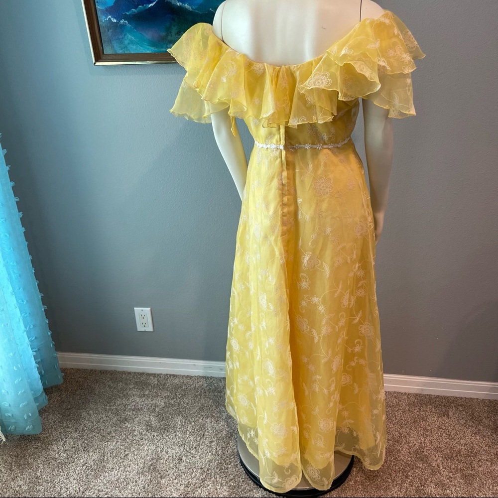 Vintage Sylvia Ann Flocked Daisy Flower Dress Ruffle Maxi 70s Flower Child - Picture 5 of 14